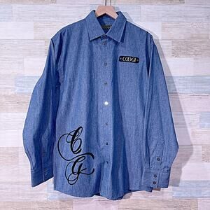 COOGI Cursive Logo Denim Shirt Blue Button Down Long Sleeve Cotton Mens Large